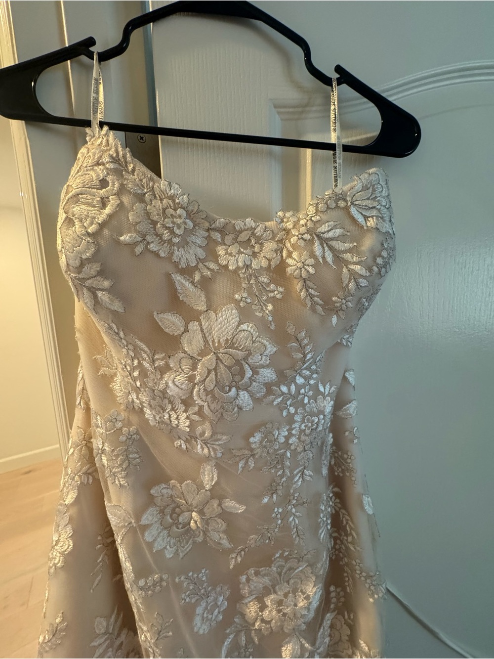 Maggie Sottero Strapless Floral Lace Dress in Ivory and Champagne